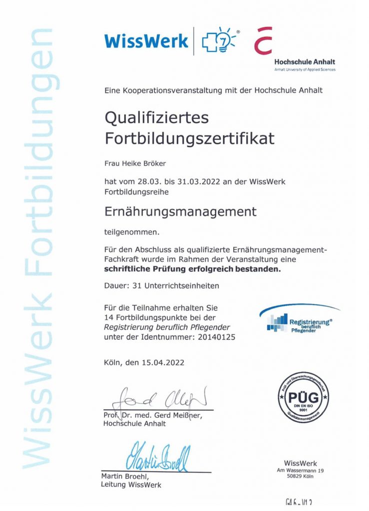 Qualifiziertes Fortbildungszertifikat Ernährungsmanagement