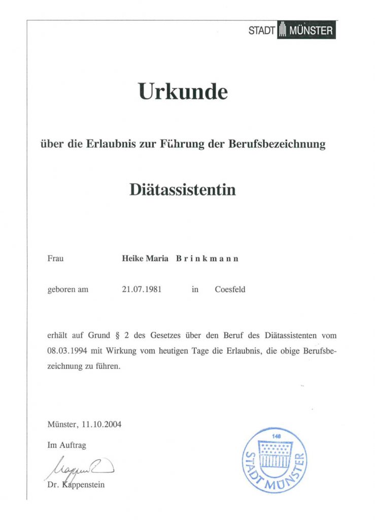 Urkunde Berufsbezeichnung Diätassistentin